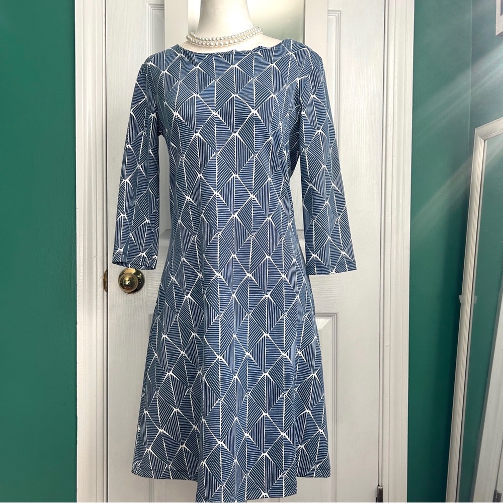 MAHI GOLD Blue & White Geometric Long Sleeve A-Line Dress